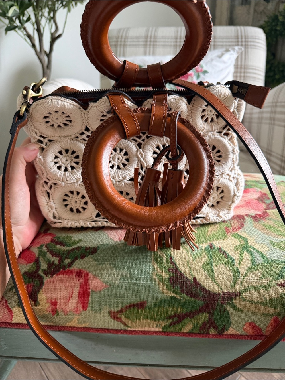 Patricia Nash Cream Crochet Shoulder Bag with Brown Leather Ring Handles